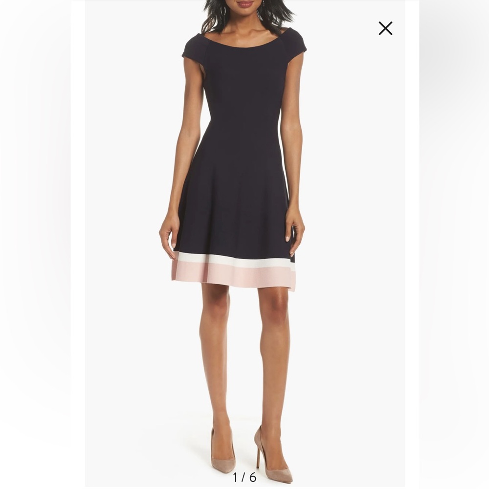 Eliza J Navy Fit-&-Flare Dress with Pink and White Hem